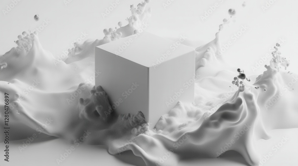 Poster abstract white cube surrounded by fluid texture in minimalist design