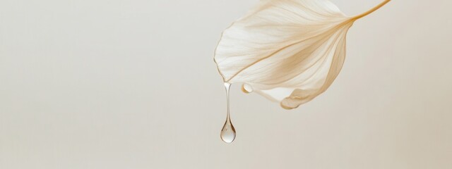 Delicate Water Drop on Soft Cream Leaf with Minimalistic Background