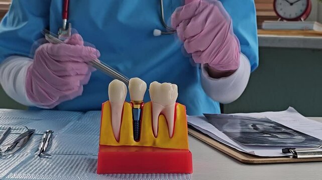 Doctor hold dental implant, artificial tooth roots into jaw, root canal of dental treatment, gum disease, teeth model for dentist studying about dentistry.