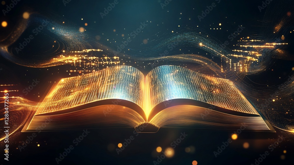 Aufkleber a glowing open book with digital light patterns and shimmering particle effects