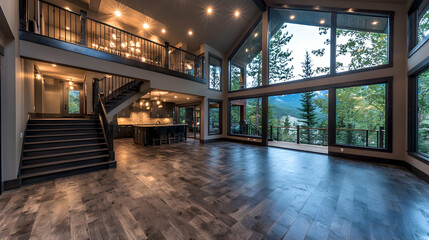 Mountain view luxury home interior, spacious living room, hardwood floors, real estate