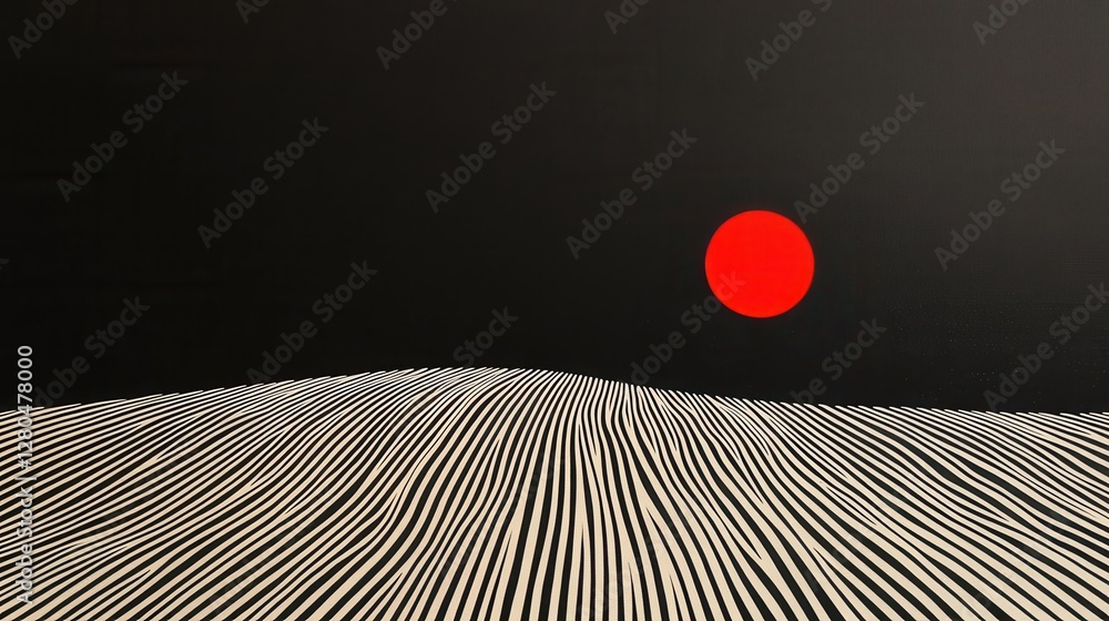 Poster abstract landscape with red sun and horizontal stripes pattern