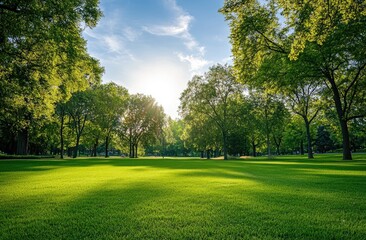 Sunny park landscape with lush green grass and trees