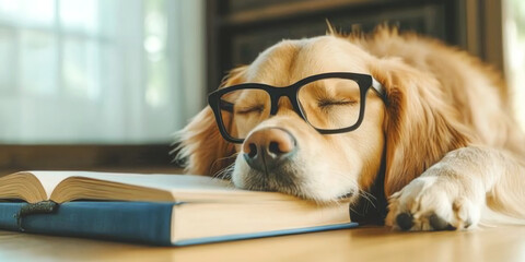 golden retriever sleeping on a book, AI generated
