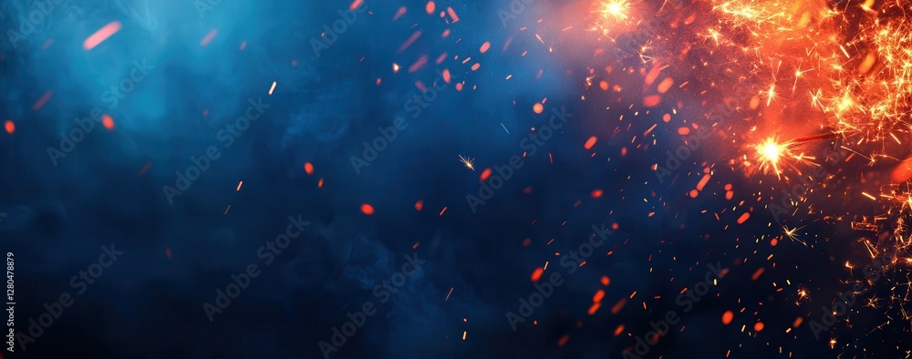 Aufkleber vibrant abstract background featuring dynamic sparks and glowing particles over a dark blue and oran