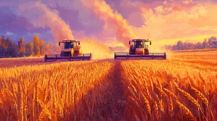 Obraz premium Harvest Season at Sunset: Two Modern Tractors Working in Golden Wheat Field Under Dramatic Sky with Vibrant Colors