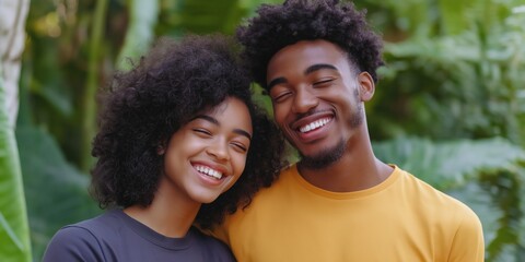 Fototapeta premium A young man and woman are smiling at the camera. The woman is wearing a yellow shirt and the man is wearing a yellow shirt