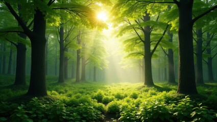 Fototapeta premium Sunlight Filtering Through a Lush Green Forest Canopy on a Bright Day