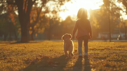 Little girl walking her puppy in a sunny park, highlighting the connection and responsibility of kids with pets.