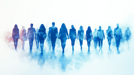 High-tech digital technology and business team concept with a group of people in silhouette standing together, in blue colors, on a white background, with space for text 