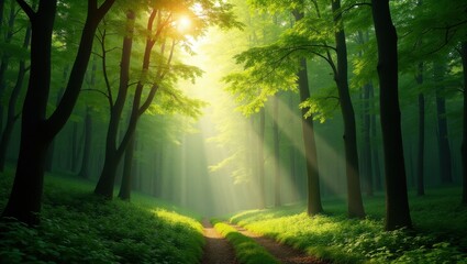 Naklejka premium Sunlight streaming through a lush green forest with a path forward