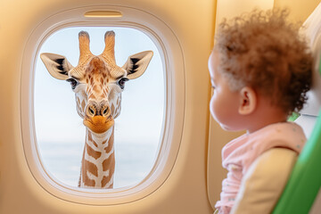 Baby looks in wonder at giraffe through window of airplane, symbolizing imagination, exotic vacation, travel adventure, summer tourism, curiosity, fantasy. Surreal, funny concept.