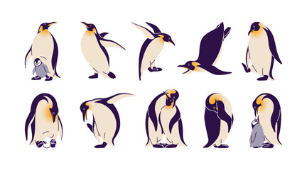 Set of King penguins having fun. Mother polar bird cares, hatches egg, feeds baby. Cute couple, family of north animals loves, cuddle together. Flat isolated vector illustrations on white background © Paper Trident