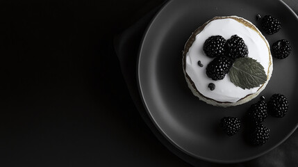 Top view pancakes with blackberries and cream on black plate for gourmet breakfast design. astern European food. Banner with empty space for text. Dark moody style. For food blog post