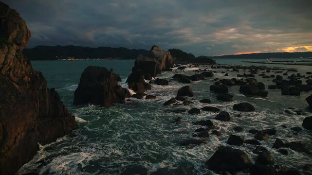 Aerial View Of Hashigui iwa Rocks At Sunset, Wakayama Japan