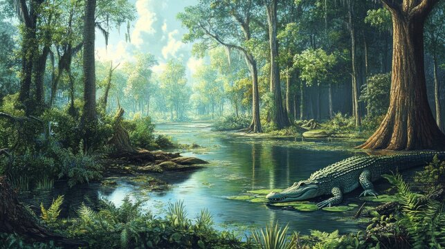 Alligator Resting in a Lush Green Swamp Forest