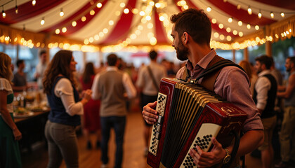 Musician playing accordion at lively Oktoberfest celebration, joyful atmosphere