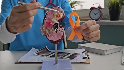 Orange ribbon in the hands of a doctor and kidney cancer. Kidney cancer symptoms, signs of kidney cancer