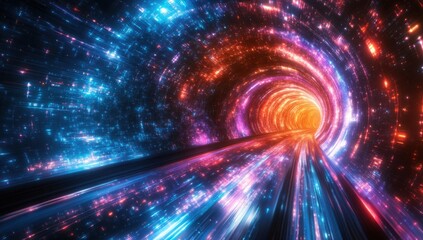 Fototapeta premium Vibrant Abstract Tunnel of Light Transitioning Through Space-Time in a Futuristic Digital Universe Full of Bright Colors and Energetic Motion Effects