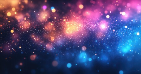 Vibrant and Colorful Abstract Background with Sparkles, Bokeh Effects, and Glowing Particles in Various Shades of Blue, Pink, and Orange