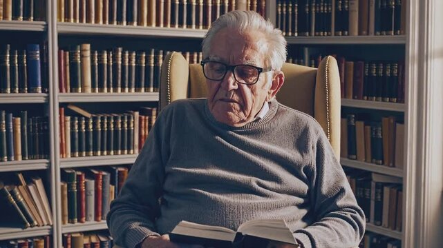 Senior man reading a book in library or at home, window lighting.