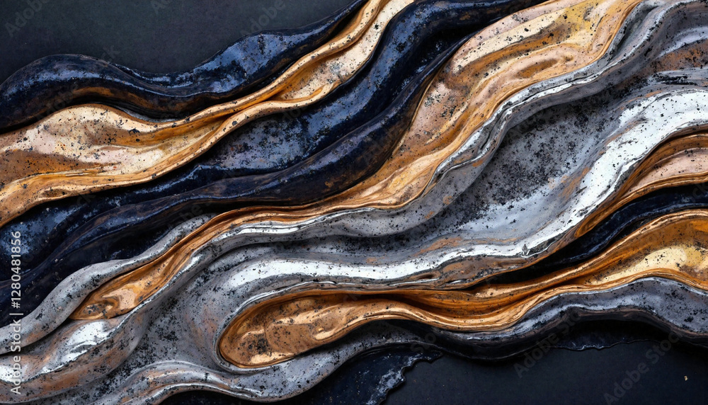 Poster dynamic abstract waves flowing in metallic textures, modern design