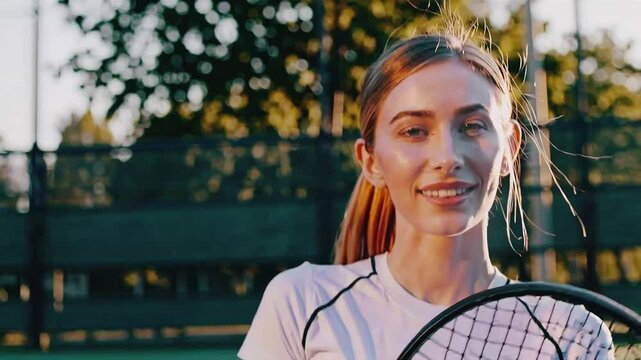 Portrait of a beautiful young tennis player standing on o tennis court at sunset looking at camera and smiling.