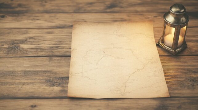 Vintage map with rustic lantern on wooden table