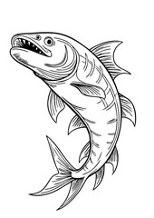 Realistic Fish Illustration – Black and White Predator Fish Drawing for Tattoos, Fishing Logos, and Marine Art