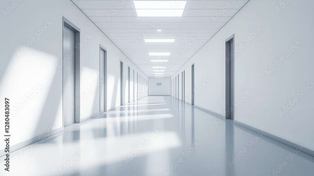 Poster serene corridor with minimalistic design and ample illumination showcasing spaciousness