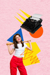 Vertical art trend collage of happy hipster girl hold bat stand typescript old-fashioned typewriter...