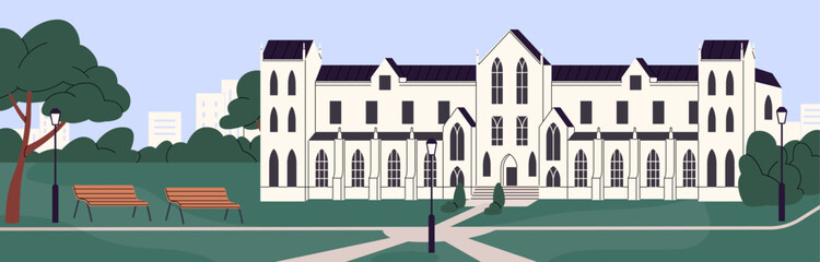 College courtyard with benches, paths, lawns. Building of university campus with yard. European facade of mansion, manor. Old architecture of high school with park, garden. Flat vector illustration