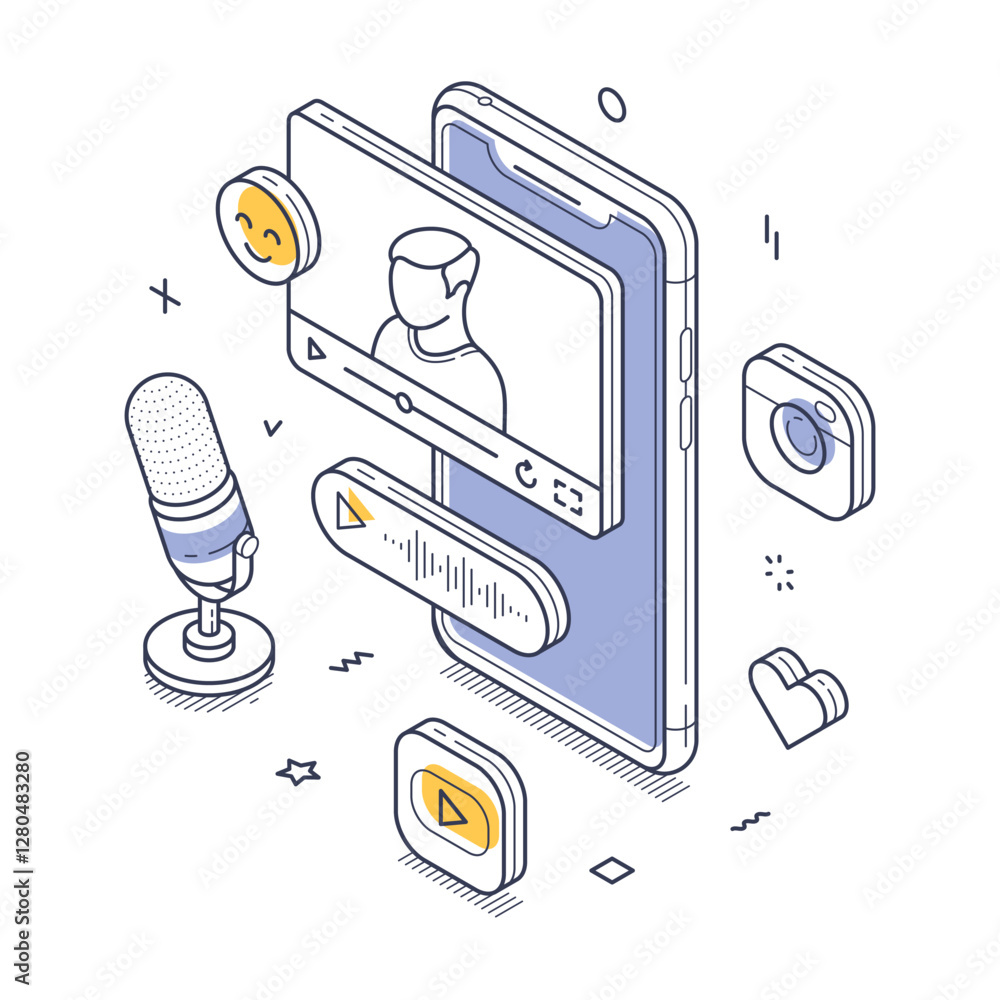 Poster a smartphone displays a video call featuring a person. icons representing media playback and audio f