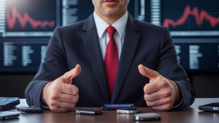 Fototapeta premium professional in suit gestures positively with multiple smartphones on desk, showcasing financial environment