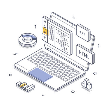 Laptop showcases HTML code while various design elements like charts and icons surround it, representing a digital workspace focused on coding and development. Isometric line art vector illustration