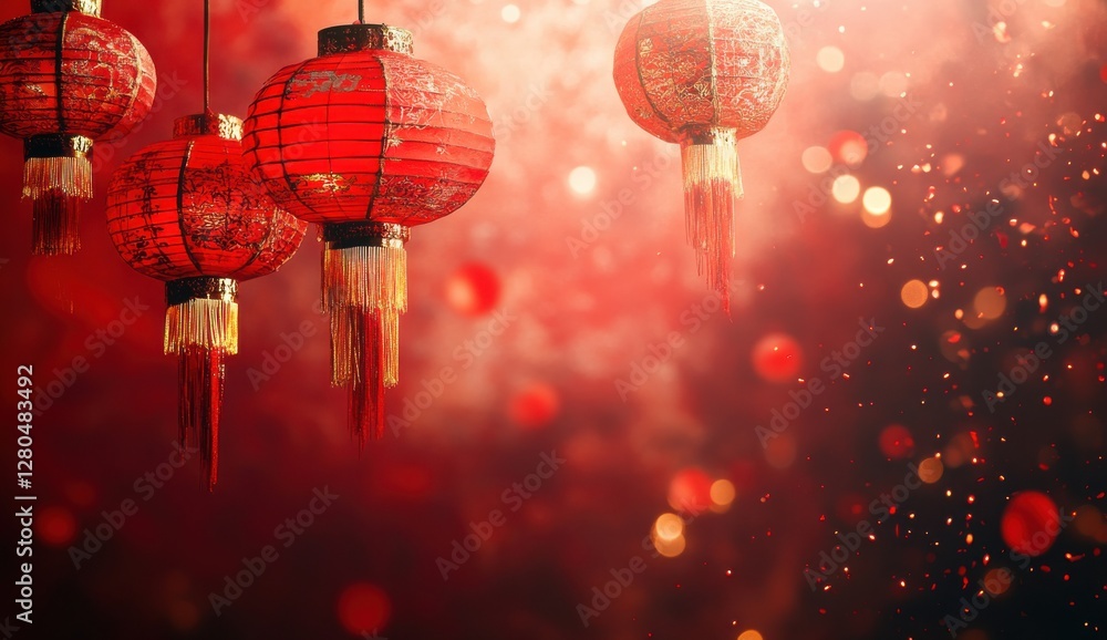 Aufkleber vibrant chinese lanterns illuminating festive background with bokeh effect and glowing particles in 