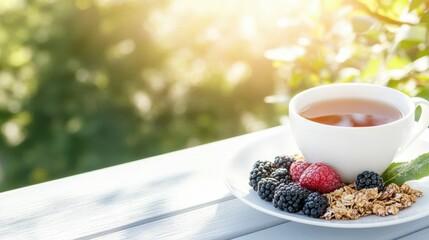 White cup of tea with fresh berries and granola on outdoor table in sunlight