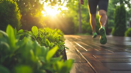 Male jogger on wooden path with lush greenery and sunrise background