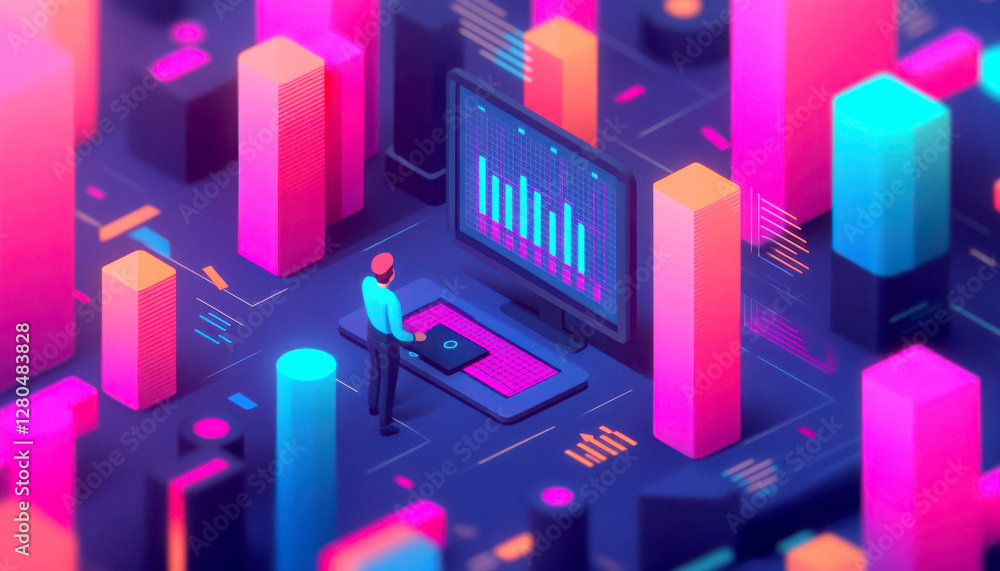 Poster futuristic data analysis with vibrant graphs and digital elements.
