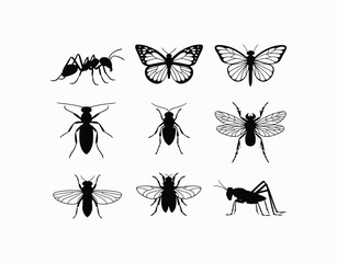 Insects Silhouette Collection Vector Illustration Set