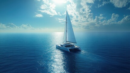 Obraz premium Luxurious modern catamaran sails smoothly over tranquil blue waters on a sunny day