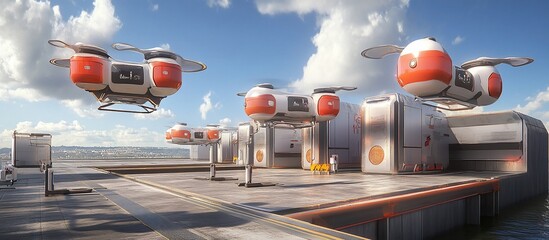 Futuristic drone delivery station with several drones taking off and landing.