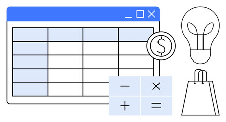 Spreadsheet with blue header, basic calculator, dollar sign, light bulb, and shopping bag. Ideal for business planning, financial analysis, productivity, online shopping e-commerce start-up ideas