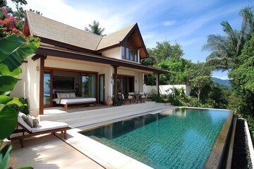 Tropical villa with pool overlooking lush landscape
