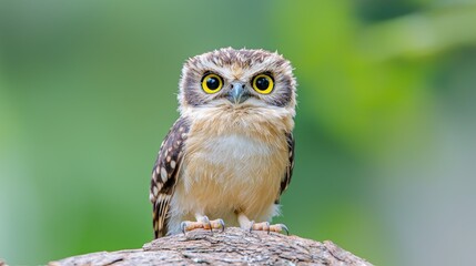 Fototapeta premium Adorable owlet perched on wood, green background, wildlife portrait, nature photography