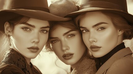 Vintage fashion models in elegant attire, retro style, soft lighting, sepia tone, perfect for classic style and history visuals