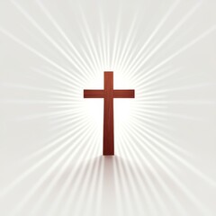 A radiant wooden cross stands against a light background, emanating beams of light, symbolizing faith and spirituality.