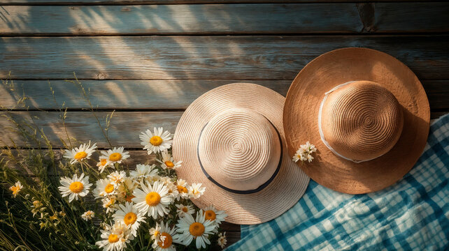 Colorful arrangement of flower bouquets and fairy lights on a wooden background for magical garden celebration atmosphere