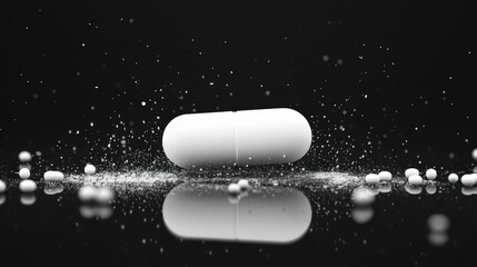 White pill on black background with scattered powder particles