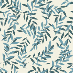 Seamless botanical leaves pattern, abstract nature ornament silhouettes. Simple floral surface design, blue branches on a milk white background. Vector illustration in two colors